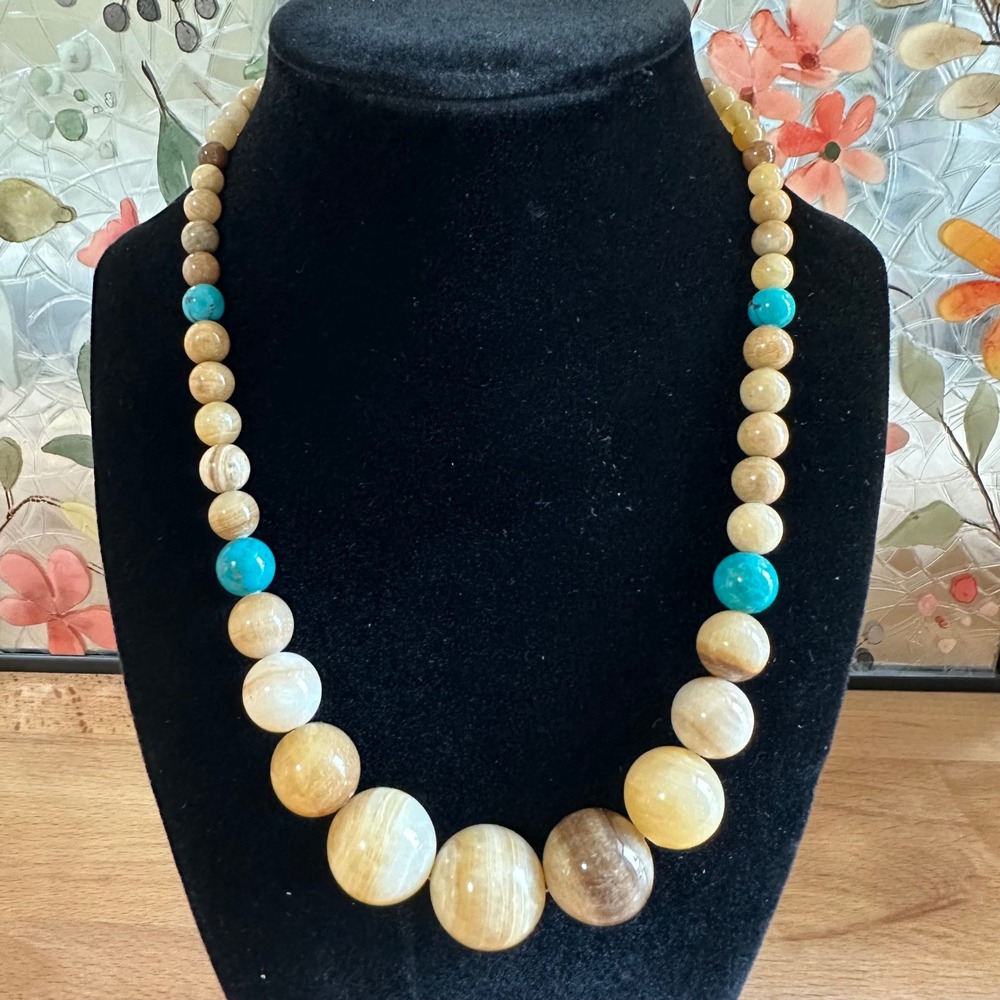 Women Necklace Beaded Honey Onyx Turquoise 925 Silver Graduated Boho Earthy